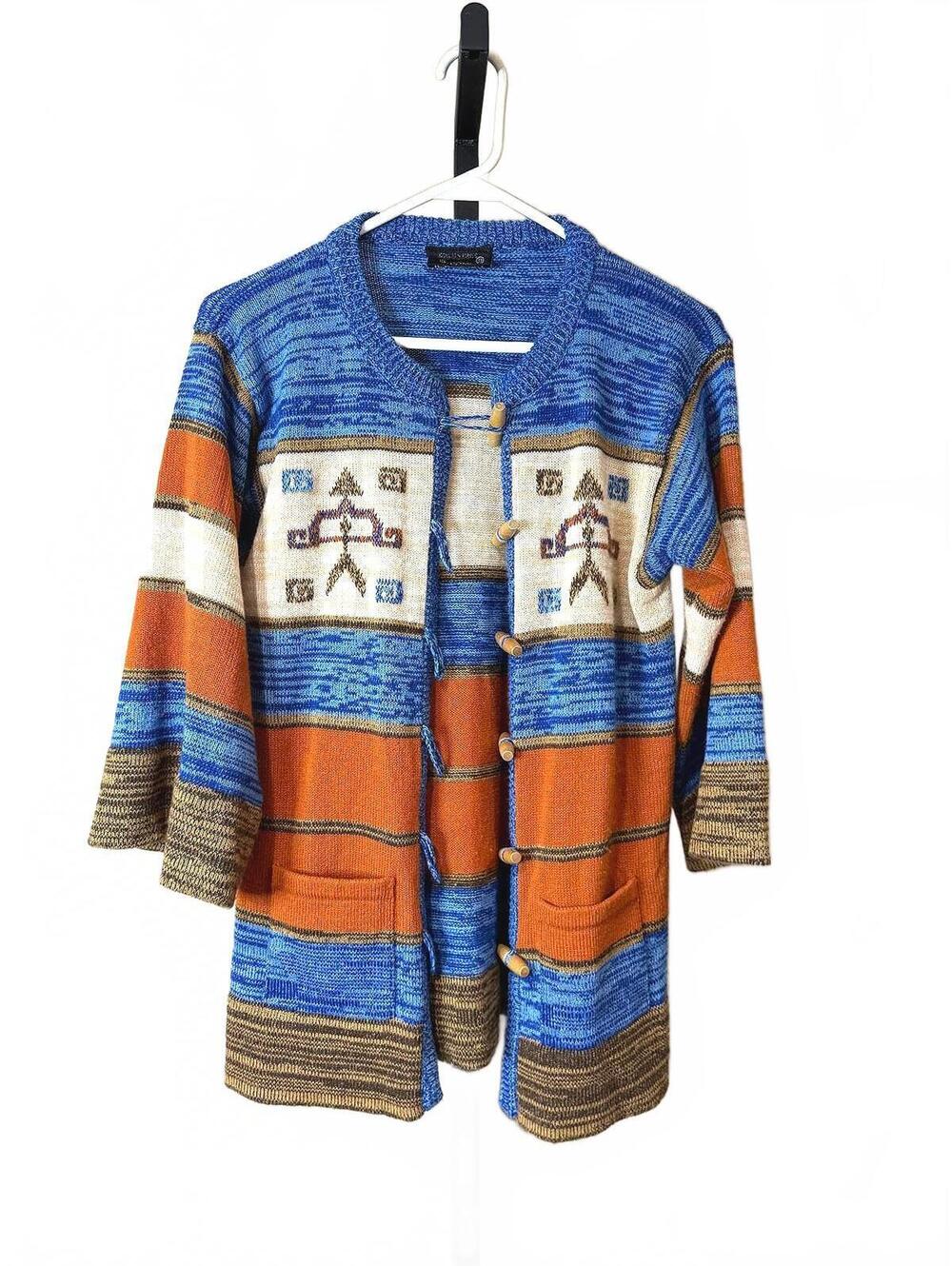 70s Women's Colorblock Patterned Long Knit Cardigan Sweater 38